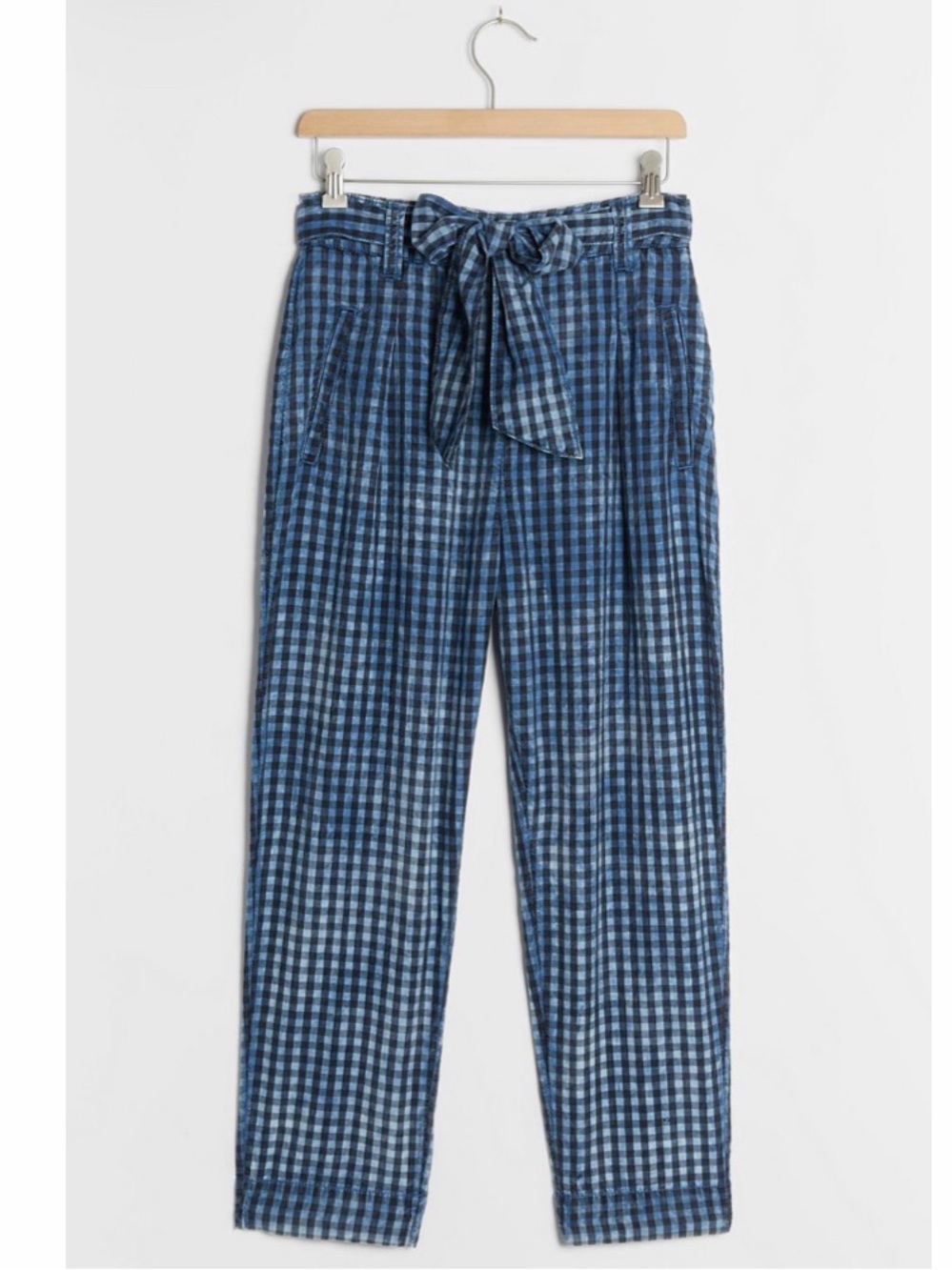 NWT Anthropologie Maeve Avryl Bleached Slim Pant Blue Gingham Tie-Waist Women 2